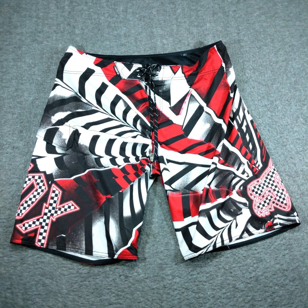 Vintage Fox Racing Board Shorts Mens XL Red Black White Swim Trunks Beach Surf